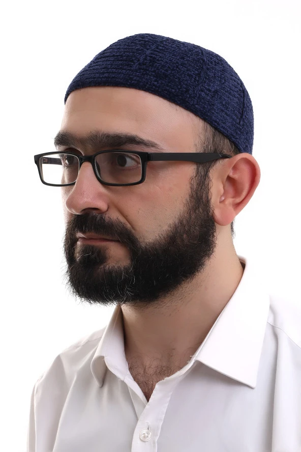 Lacivert Kışlık Sade Desenli Kadife Namaz Takkesi ürün görseli 1