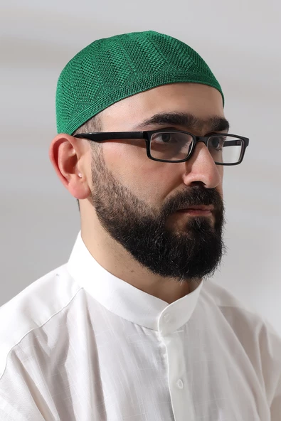 Yeşil Safir Dantel Detaylı Örme Namaz Takkesi - Resim 2