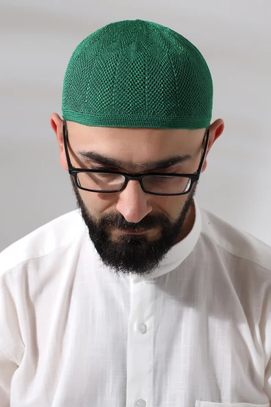 Yeşil Safir Dantel Detaylı Örme Namaz Takkesi - Resim 4