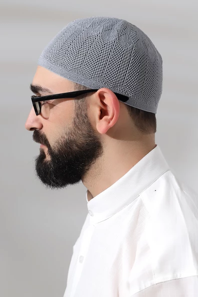 Gri Safir Dantel Detaylı Örme Namaz Takkesi - Resim 3