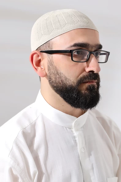 Krem Safir Dantel Detaylı Örme Namaz Takkesi - Resim 2