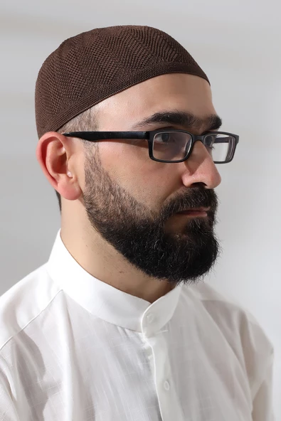 Kahve Safir Dantel Detaylı Örme Namaz Takkesi - Resim 2
