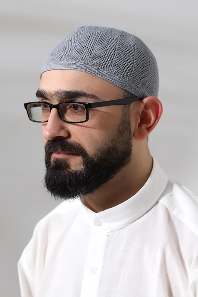 Gri Safir Dantel Detaylı Örme Namaz Takkesi ürün görseli 1