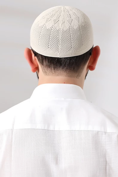 Krem Safir Dantel Detaylı Örme Namaz Takkesi - Resim 5