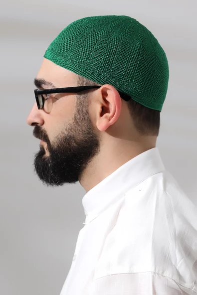 Yeşil Safir Dantel Detaylı Örme Namaz Takkesi - Resim 3