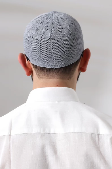Gri Safir Dantel Detaylı Örme Namaz Takkesi - Resim 5