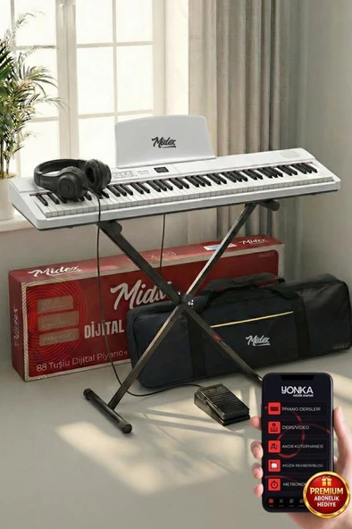 Midex PLX-80WH-ST Taşınabilir Katlanır Dijital Piyano Tuş Hassasiyetli 88 Tuş BT (Stand Sustain Kulaklık Çanta Metod) ürün görseli 1
