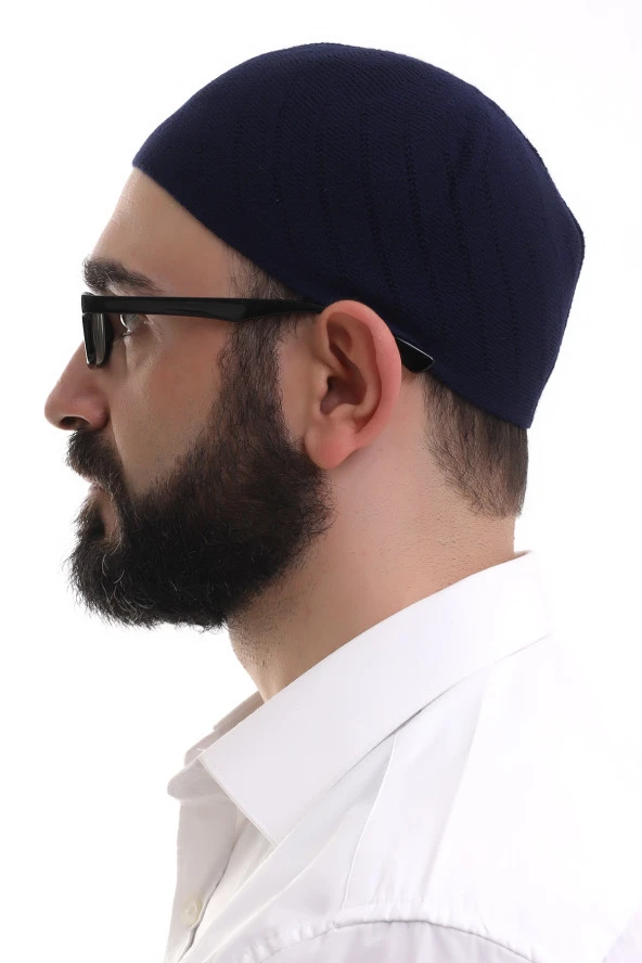 Lacivert Kışlık Çapraz Desenli Dokuma Takke - Resim 3