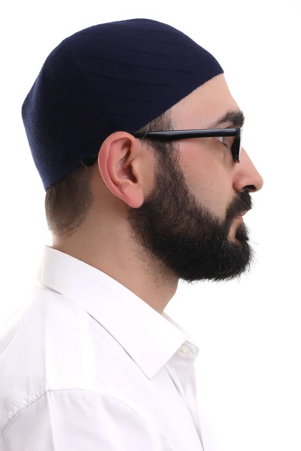 Lacivert Kışlık Çapraz Desenli Dokuma Takke - Resim 4