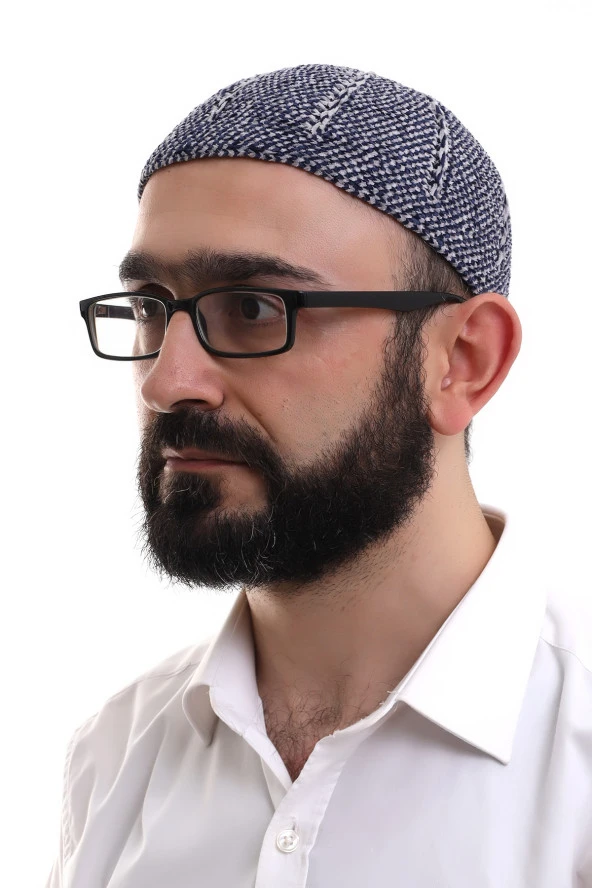 Lacivert Gri Kışlık Çift Renk Kadife Namaz Takkesi ürün görseli 1