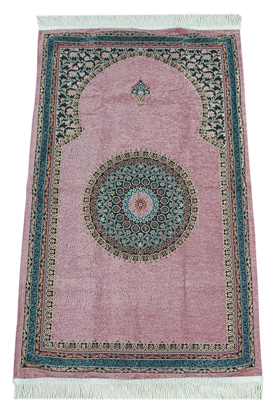 Pembe Geleneksel Motifli Örgü Saçaklı Mihraplı Astarlı Şönil Seccade ürün görseli 1