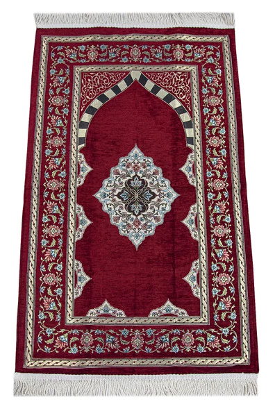 Bordo Çiçek Motifli Mihraplı Astarlı Şönil Seccade ürün görseli 1