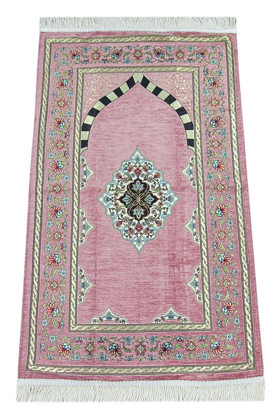 Pembe Çiçek Motifli Mihraplı Astarlı Şönil Seccade ürün görseli 1