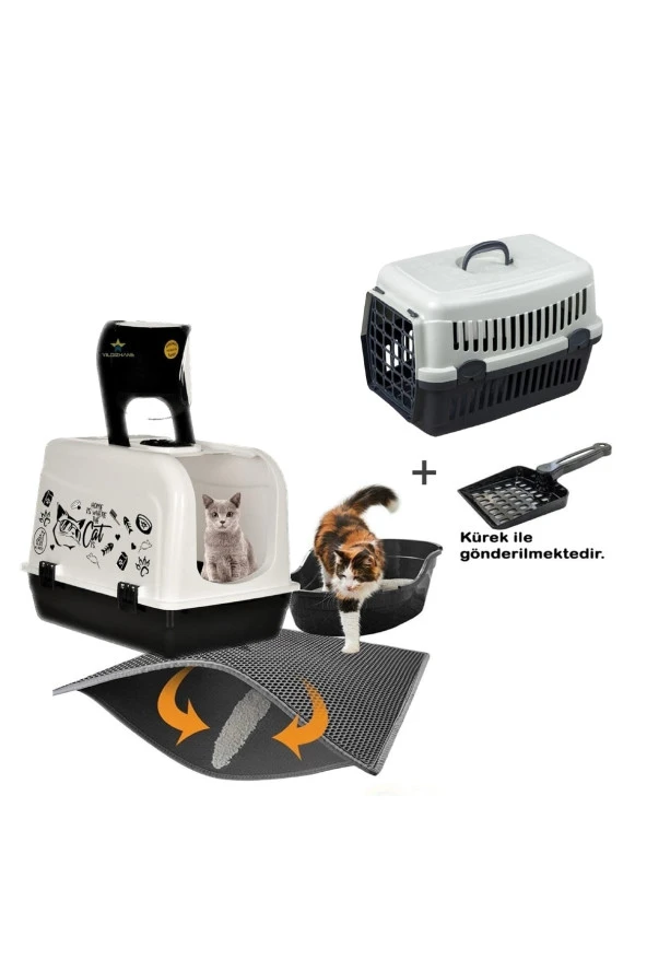 Yıldızhane Kapalı Maxi Kedi Tuvalet Kabı Üsten Açılır + Taşıma Kabı + Elekli Pas Pas ürün görseli 1