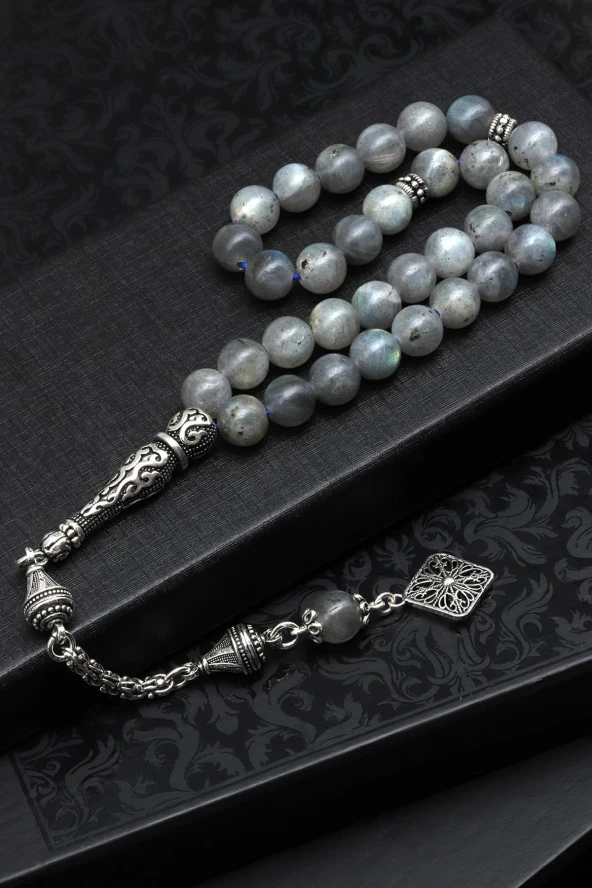 Labradorit Doğal Taş Tesbih 925 Ayar Gümüş 8 mm Küre Kesim ürün görseli 1