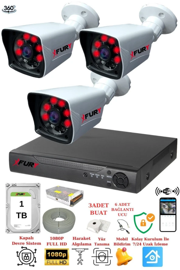 FURY 3 Kameralı 5mp Lensli 1080P 2mp Görüntü 6 Atom Gece Görüşlü FullHd Güvenlik Kamerası 5525A 1TB ürün görseli 1