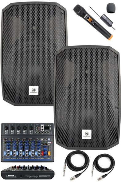 Maxword Maxi-12A-MİXER Set 2 Adet 12 İNÇ Aktif Hoparlör Mikser ve Mikrofon Ses Sistemi (1200W + 1200W) ürün görseli 1