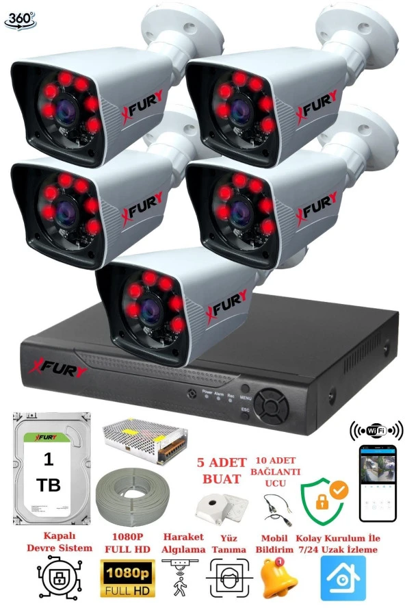 FURY 5 Kameralı 5mp Lensli 1080P 2mp Görüntü 6 Atom Gece Görüşlü FullHd Güvenlik Kamerası 5525A 1TB ürün görseli 1