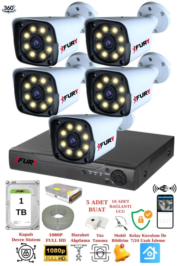 FURY 5 Kameralı 5mp Lens 1080p 2mp Color Görüntü 8 Warm Led Gece Görüş Fullhd Güvenlik Kamera 5520w 1 TB ürün görseli 1