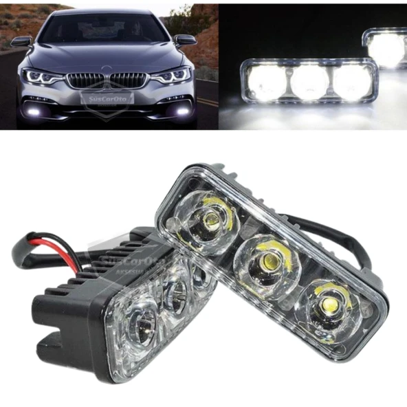 DRL 3 Led Mercekli Araba Gündüz Farı Araç Motosiklet Gündüz Ledi Oto DRL Led Lamba Güçlü Işık 12V Su Geçirmez Metal Beyaz 2 Adet ürün görseli 1