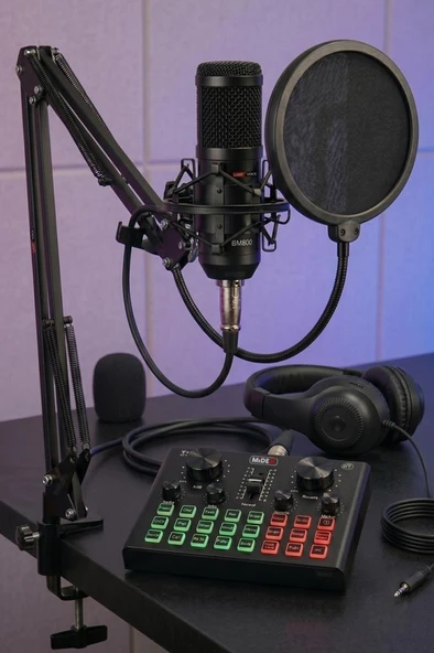 Lastvoice BM800 Live Head Set Efektli Ses Kartı Mikrofon Kulaklık Stand Kayıt Canlı Yayın Seti (PC ve Telefon) ürün görseli 1