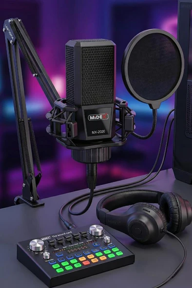 Midex MX-2020 Compact Set-1 Efektli Ses Kartı Mikrofon Stand Seti (PC ve Telefon) ürün görseli 1