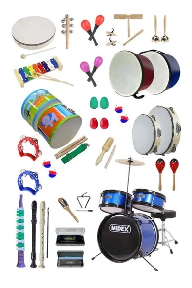 Midex Örf Aletleri Seti Overmuch Paket-3 Marakas Zil Üçgen Ksilofon Melodika Mızıka Davul Flüt (32 Parça) ürün görseli 1