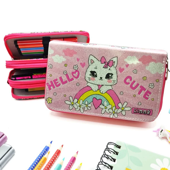 Simli Işıltılı Kitty Hello Cute Kalem Kutusu Vegan Deri Kalemkutu Üç Bölmeli Kalemlik -Pembe ürün görseli 1