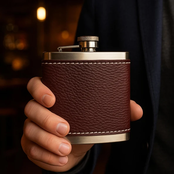 Perlotus 5 Oz-150 cc Hunili Kahve Brown Deri Kılıf Çelik Viski İçki Konyak Matarası ürün görseli 1