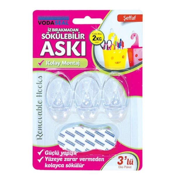 Vodaseal İz Bırakmayan Sökülebilir Askı 3lü Şeffaf ürün görseli 1