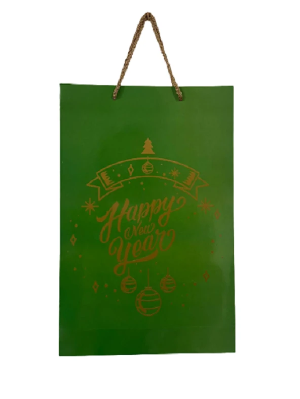YILBAŞI KARTON ÇANTA YEŞİL HAPPY NEW YEAR 26X40 ürün görseli 1