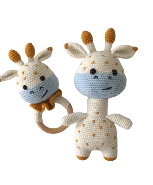 Mutlu Zürafa Uyku Arkadaşı ve Çıngırak Amigurumi Organik Oyuncak ürün görseli 1