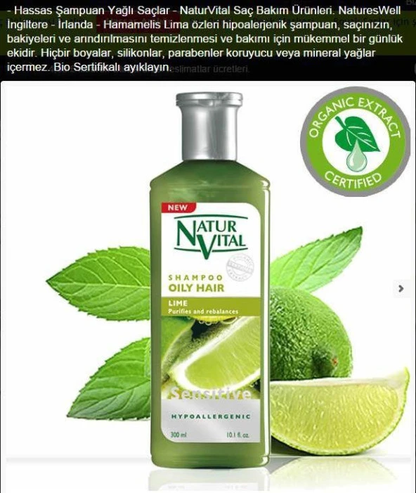 Natur Vital Sensetive Organik Şampuan Yağlı Saçlar 300 ml Lime ürün görseli 1