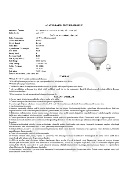 40W Torch Led Ampul 6500K (Beyaz Işık) - Resim 2