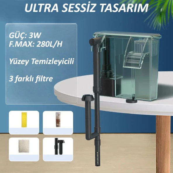 Valkyrie Askılı Şelale Akvaryum Filtre Kafa Motoru Iç Filtre 3W 280L Yüzey Temizleyicili 3 Filtreli ürün görseli 1