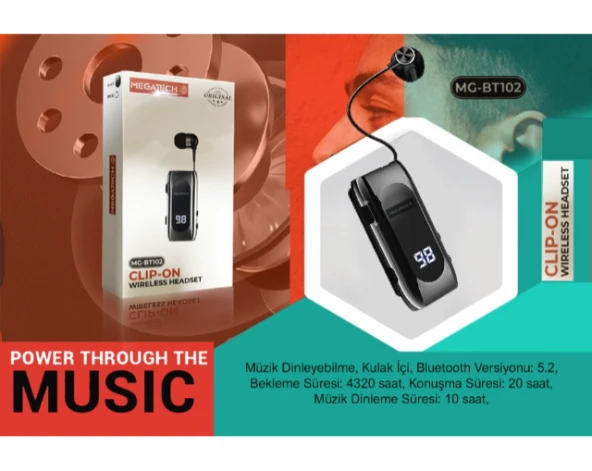 Megatech Mg-Bt102 Clıp-On Makaralı Digital Göstergeli Bluetooth Kablosuz Kulaklık ürün görseli 1
