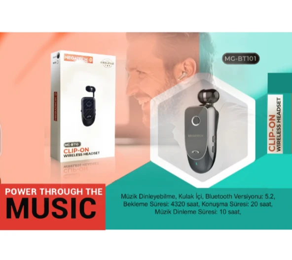 Megatech Mg-Bt103 Clıp-On Makaralı Bluetooth Kablosuz Kulaklık ürün görseli 1