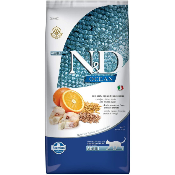 Nd Ocean Düşük Tahıllı Adult 10kg Kedi Morina Balığı Portakallı Kedi Maması Kılçıksız Buğday ürün görseli 1