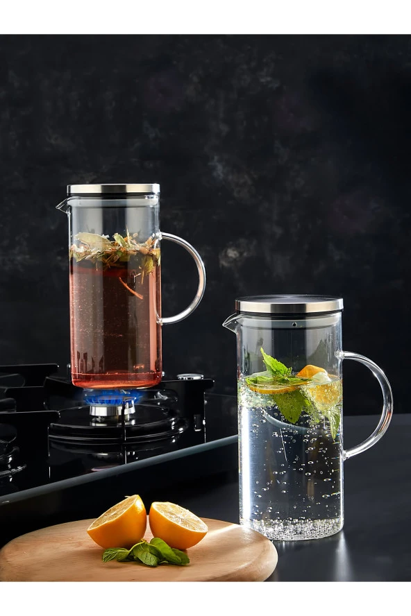 İnox Metal Kapaklı Borosilikat Cam Sürahi 1500 ml - Ateşe Isıya Dayanıklı Sürahi ürün görseli 1