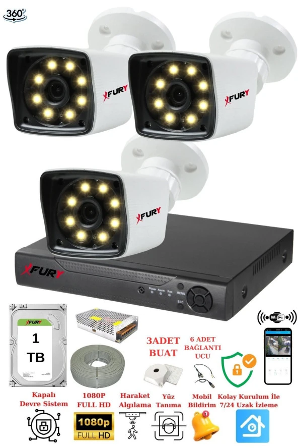 FURY 3 Kameralı 5mp Lens 1080p 2mp Color Görüntü 8 Warm Led Gece Görüş FullHd Güvenlik Kamera 5525W 1TB ürün görseli 1