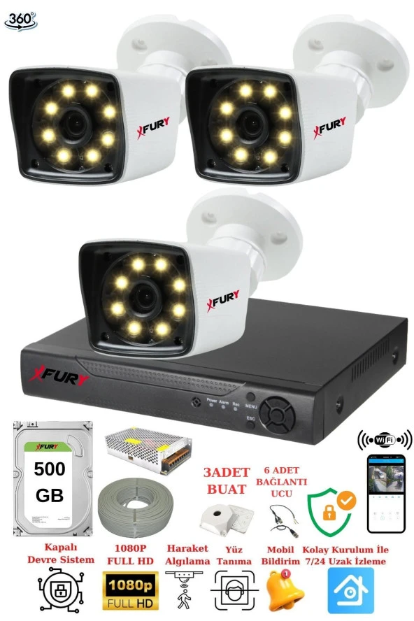 FURY 3 Kameralı 5mp Lens 1080p 2mp ColorGörüntü 8 Warm Led Gece Görüş FullHd Güvenlik Kamera 5525W 500GB ürün görseli 1