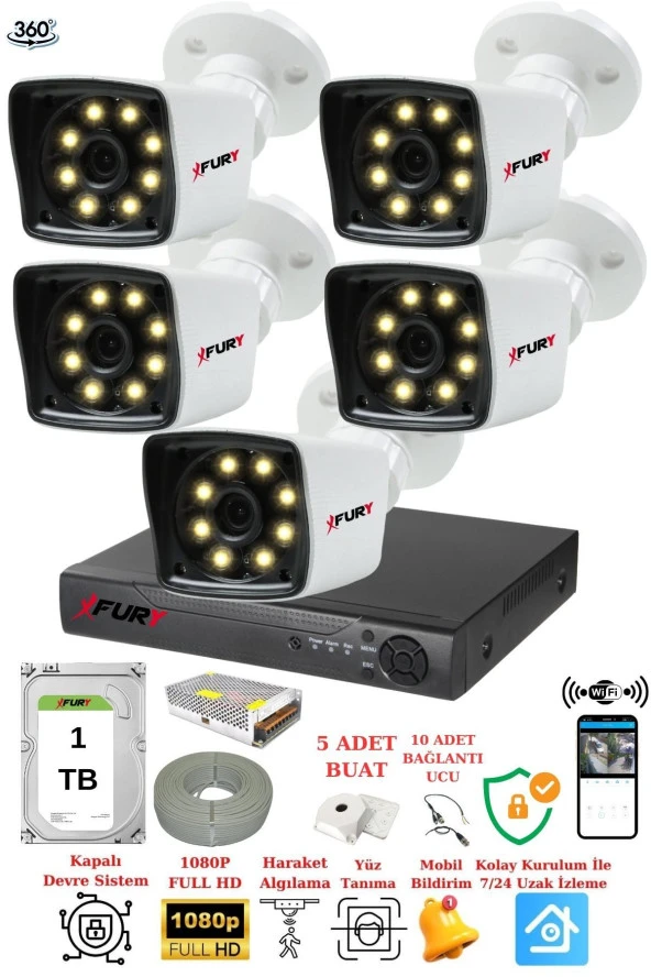 FURY 5 Kameralı 5mp Lens 1080p 2mp Color Görüntü 8 Warm Led Gece Görüş FullHd Güvenlik Kamerası 5525W 1TB ürün görseli 1
