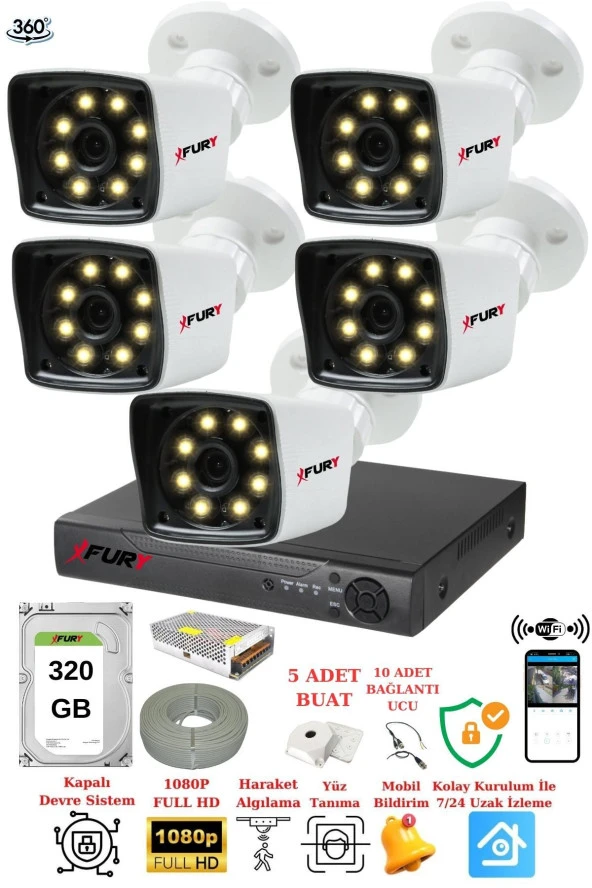 FURY 5 Kameralı 5mp Lens 1080p 2mp Color Görüntü 8 Warm Led Gece Görüş FullHd Güvenlik Kamera 5525W 320 ürün görseli 1