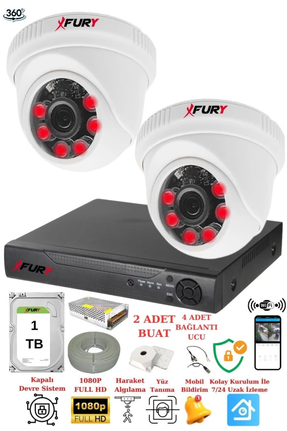 FURY 2 Kameralı 5mp 3.6mm Lens 2mp Görüntü 6 Atom Led Gece Görüşlü FullHd Güvenlik Kamerası 1412A 1 TB ürün görseli 1
