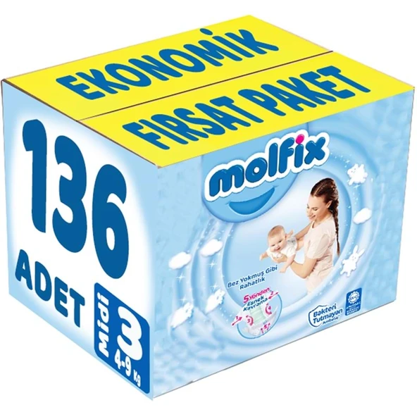 Molfix Bebek Bezi 3 Beden 4-9 KG Midi 136 Adet Ekonomik Fırsat Pk ürün görseli 1