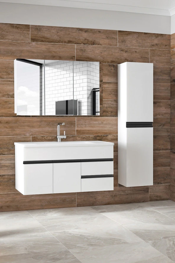 Alfa Banyo Esen Beyaz-Siyah (100+35) 135 Cm Boy Dolaplı Lavabolu Banyo Dolabı Takımı-MDF-HAZIR KURULU ürün görseli 1