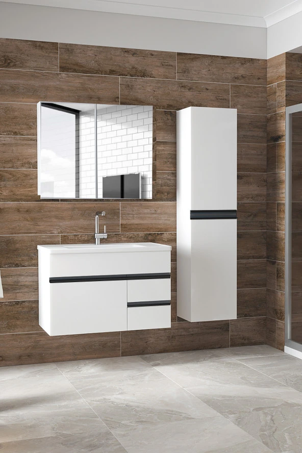 Alfa Banyo Esen Beyaz-Siyah (80+35) 115 Cm Boy Dolaplı-ayna Dolaplı-lavabolu Banyo Takımı-- HAZIR KURULU ürün görseli 1