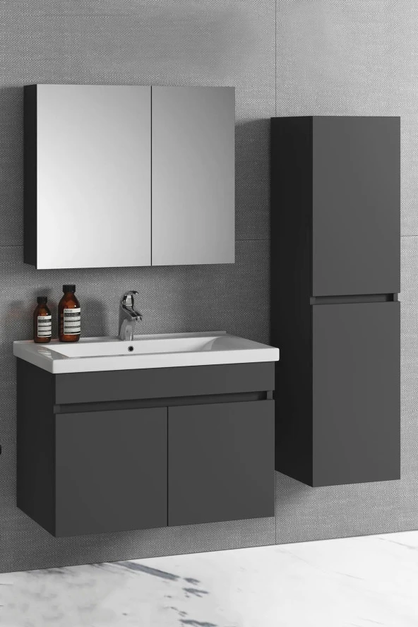 Alfa Banyo Viola-Antrasit (80+35) 115 cm MDF Boy Dolaplı Lavabolu Banyo dolabı takımı-HAZIR KURULU ürün görseli 1