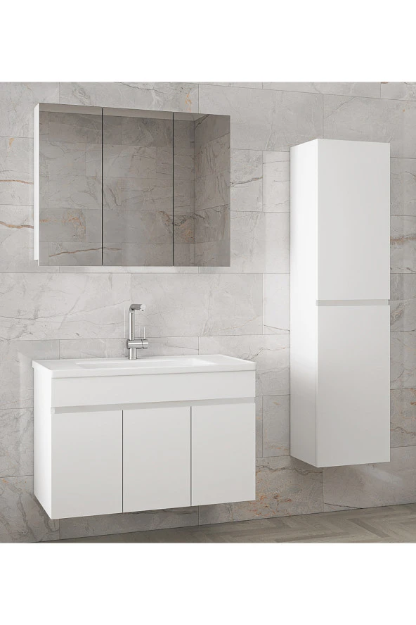 Alfa Banyo Viola3-Beyaz 100+35 cm MDF-Aynalı Seramik Lavabolu Banyo Dolabı Takımı--HAZIR KURULU ürün görseli 1