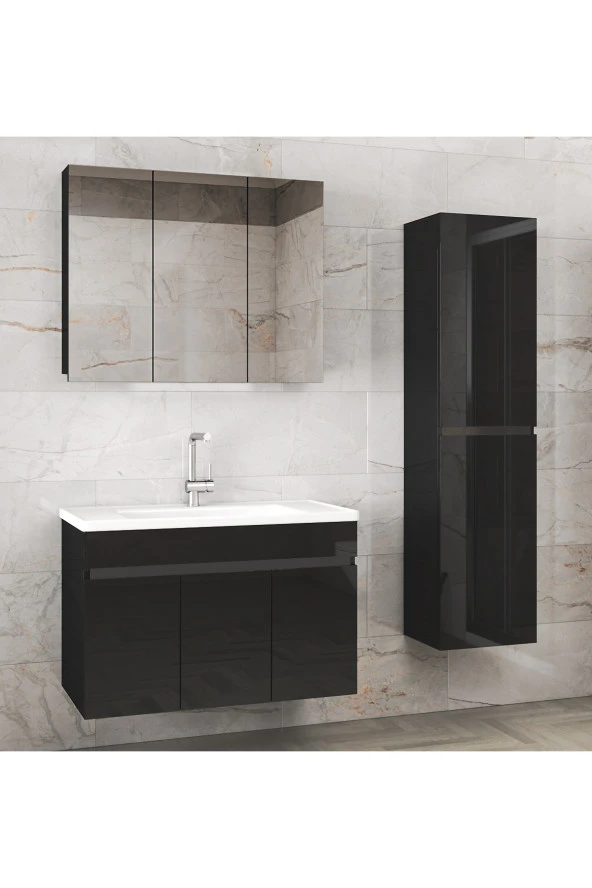 Alfa Banyo Viola3-Siyah 100+35 cm MDF-Aynalı Seramik Lavabolu Banyo Dolabı Takımı- ürün görseli 1